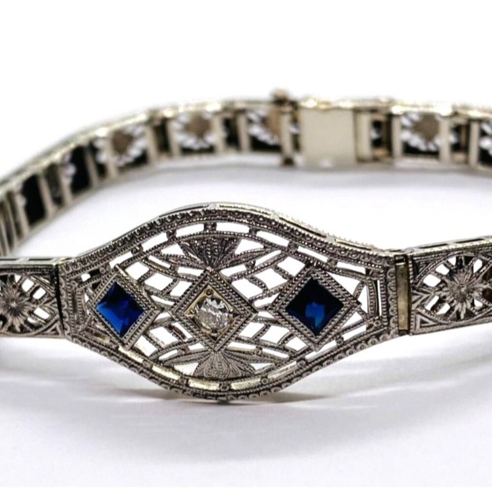 14K White Gold Die Struck Art Deco Diamond and Lab Created Sapphire Bracelet 6.5